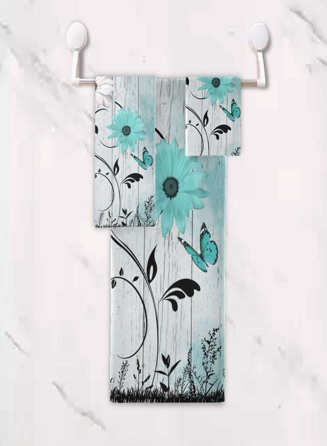 AIYOOLER Teal Aqua White Daisy Flower Bath Towels Set,3 Piece Soft Rustic Butterfly Wooden Towel Set,1 Bath Towel 1 Hand Towel 1 Washcloth,Absorbent Decorative Guest Bathroom Towels for Kitchen Shower - Image 5